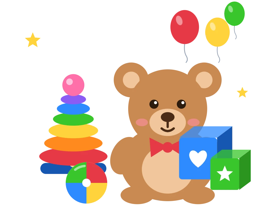 Teddy bear with colourful baby toys and balloons