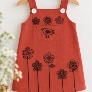 Girls' Rust Floral and Bird Pinafore Dress