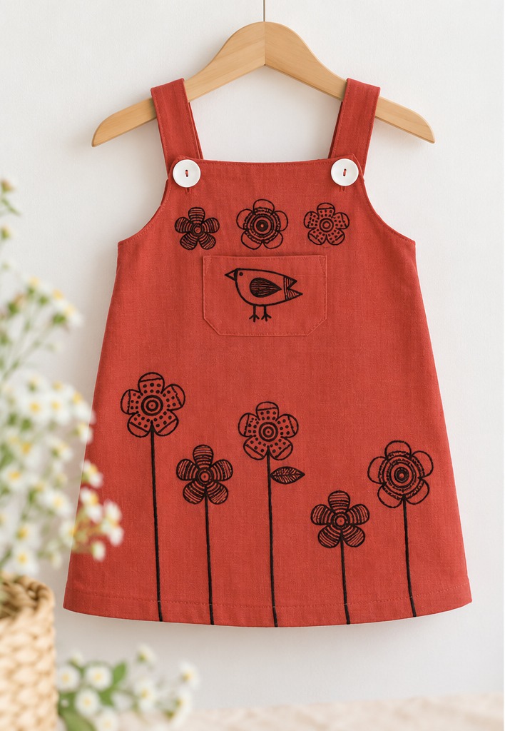 Girls' Rust Floral and Bird Pinafore Dress – Front on a hanger